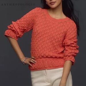 Anthropologie Flounce-Hem Pointelle Sweater Tangerine Medium NWT